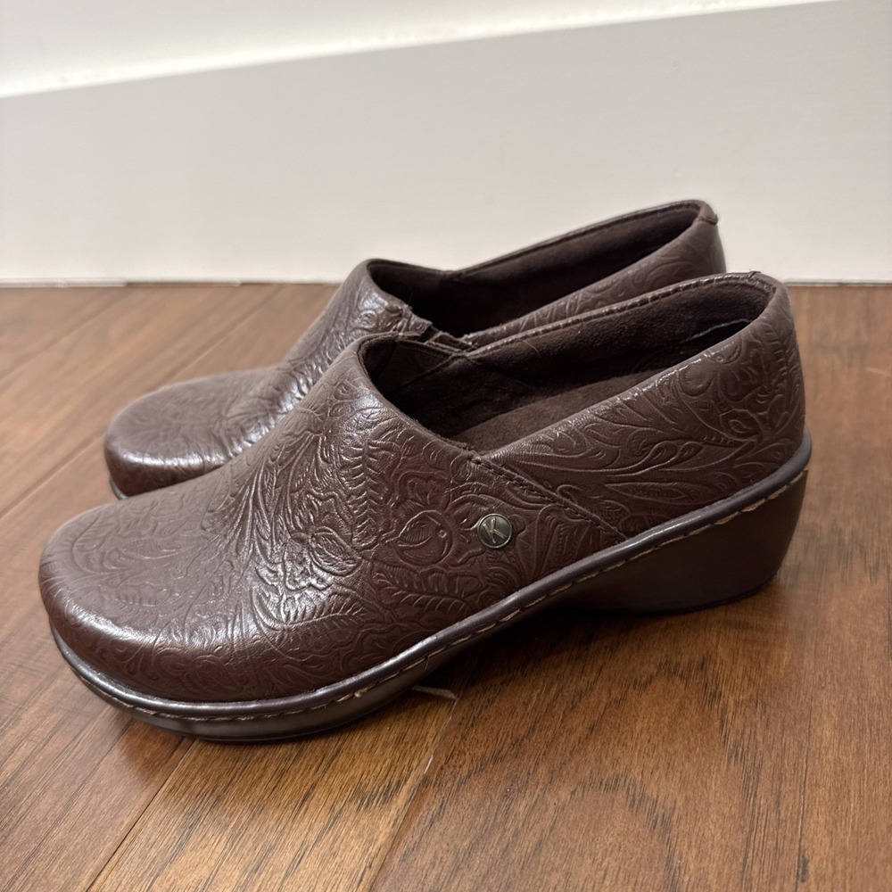 Klogs Leather Embossed‎ Slip On Shoes 6.5 Brown Comfort Clog Mule Slip Resistant